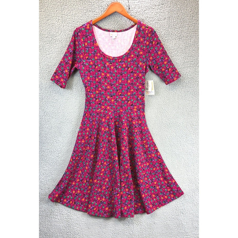 LuLaRoe Nicole Fit Flare Dress Womens L Pink Geometric Pleated Casual Retro NWT